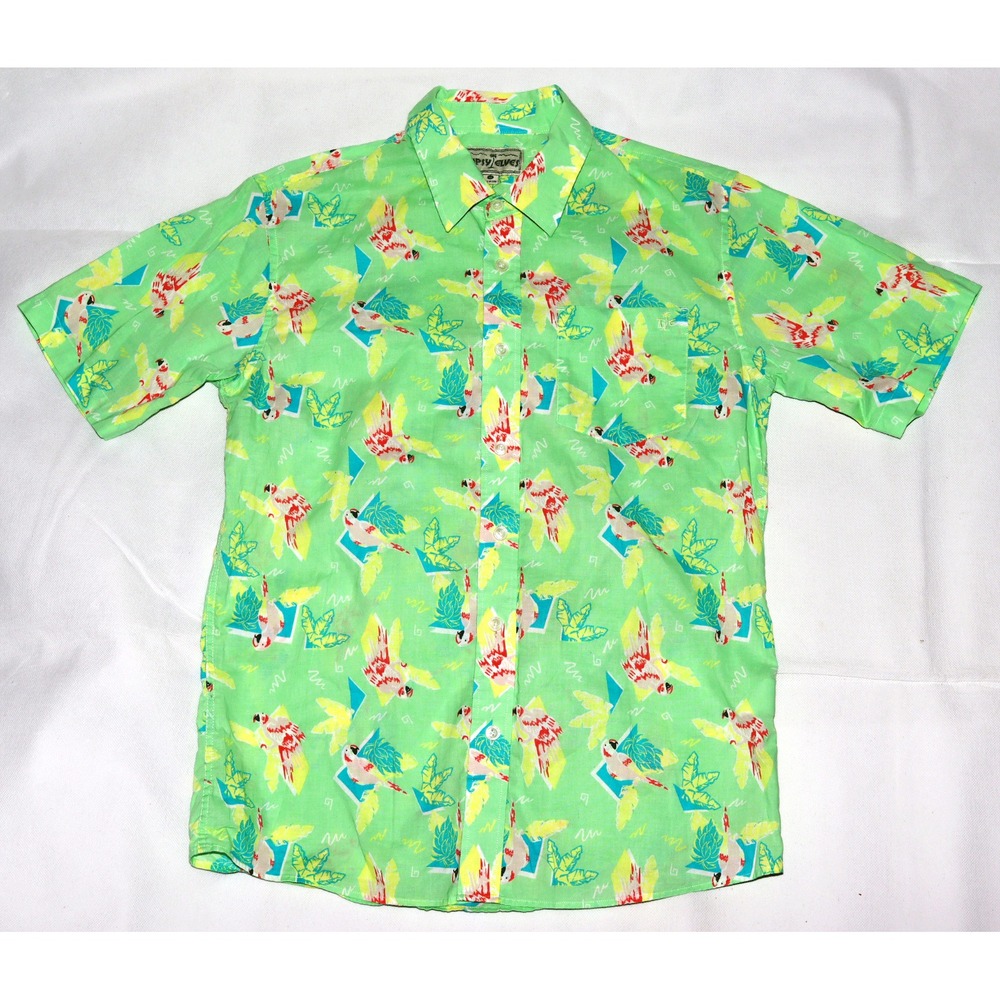 Tipsy Elves Men's Light Green Pink Parrot Short Sleeve Button Shirt Size‎ Medium